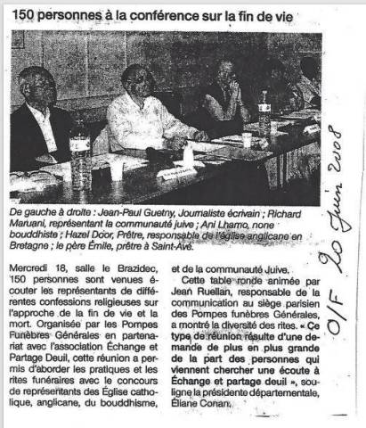 Article Ouest France - Confrence sur la fin de vie - juin 2008