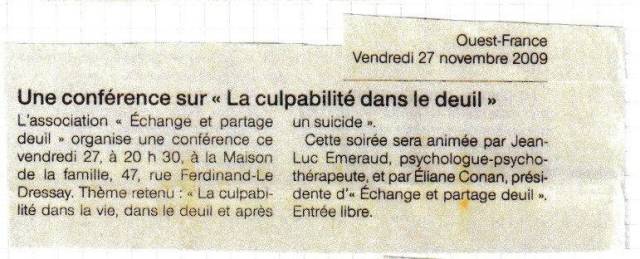 Article Ouest France - Confrence sur la culpabilit dans le deuil - novembre 2009