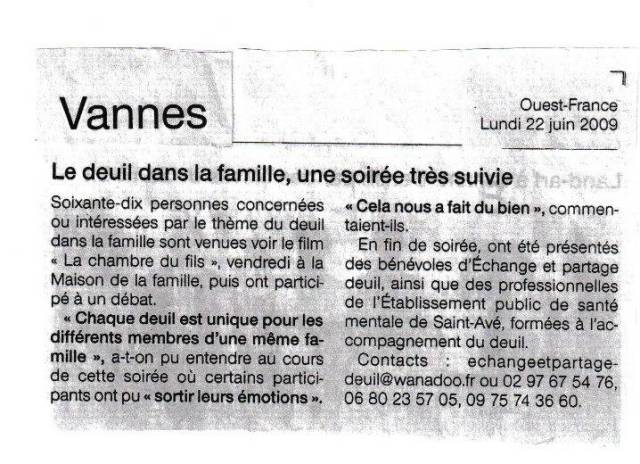 Article Ouest France - Le deuil dans la famille, une soire trs suivie - juin 2009