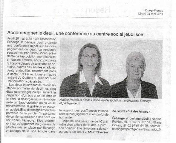Article Ouest France - Confrence au centre social de Redon : accompagner le deuil - mai 2011