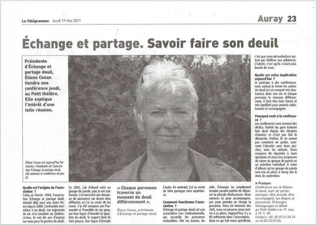 Article Tlgramme Auray - Savoir faire son deuil - mai 2011