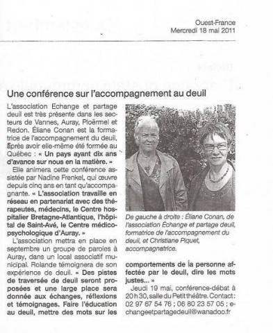 Article Ouest France - L'accompagnement au deuil - mai 2011