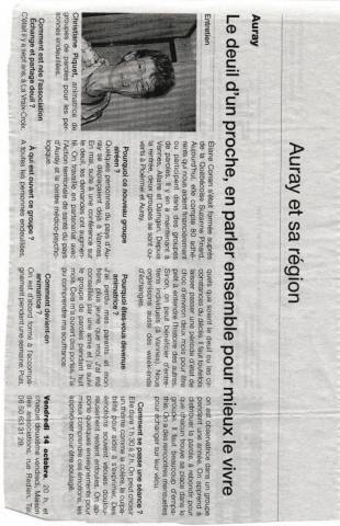 Article Ouest France Auray - Le deuil d'un proche, en parler ensemble pour mieux le vivre - octobre 2011