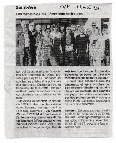 Article Ouest France Saint-Av - Les bnvoles du Dme sont solidaires - mai 2011