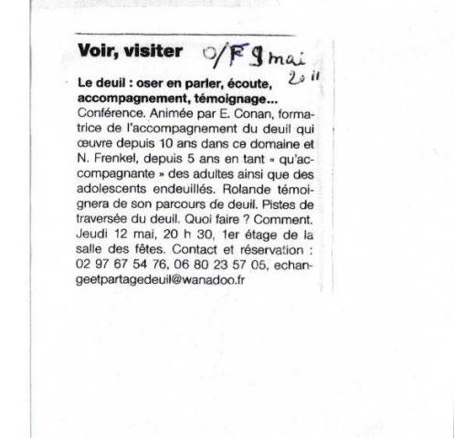 Article Ouest France - Le deuil oser en parler - mai 2011