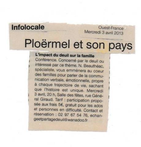 Article Ouest France Plormel - L'impact du deuil sur la famille - avril 2013
