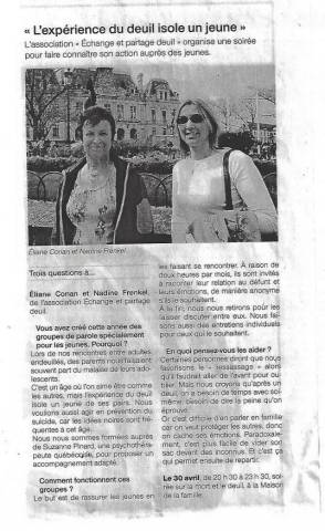 Article Tlgramme - L'exprience du deuil isole un jeune - avril 2009