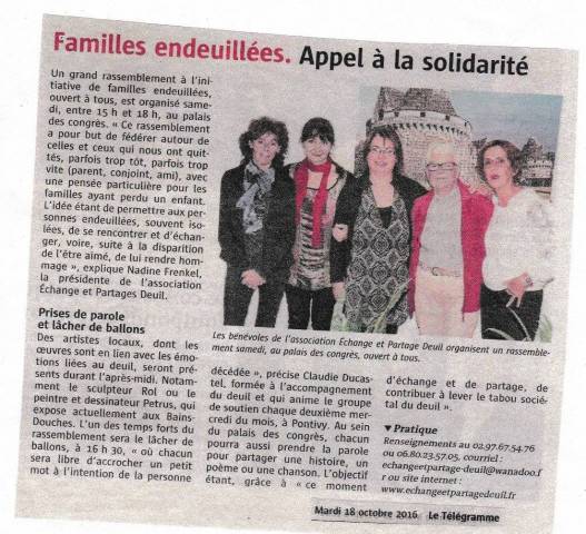 Article du Tlgramme - Familles endeuilles, appel  la solidarit - octobre 2016