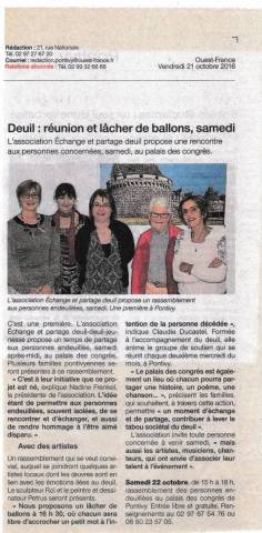 Article du Ouest France - Deuil : runion et lcher de ballons - octobre 2016