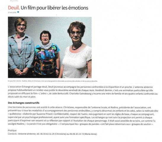 Article du Tlgramme Auray - Deuil, un film pour librer les motions - avril 2016
