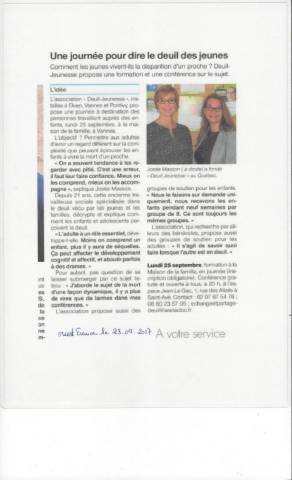 Article du Ouest France - Une journe pour dire le deuil des jeunes - septembre 2017