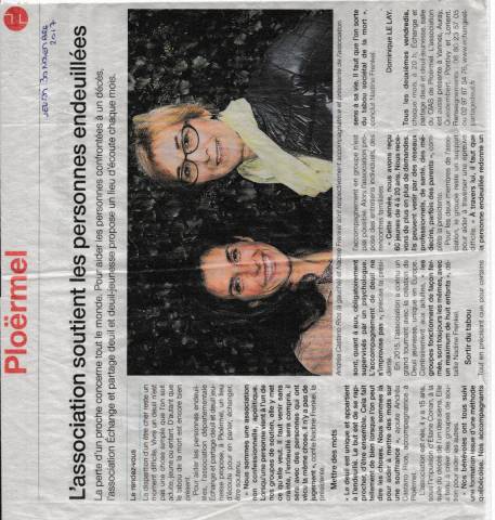 Article du Ouest France Plormel - L'association soutient les personnes en deuil - novembre 2017