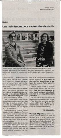 Article du Ouest France Redon - Une main tendue pour entrer dans le deuil - octobre 2018