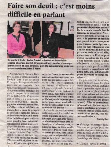 Article Les Infos du Pays de Redon - Faire son deuil c'est moins difficile en parlant - janvier 2018